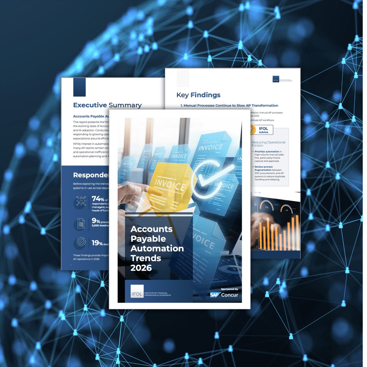 Image showing IFOL's Accounts Payable Automation Trends 2026 report with a blue technology background
