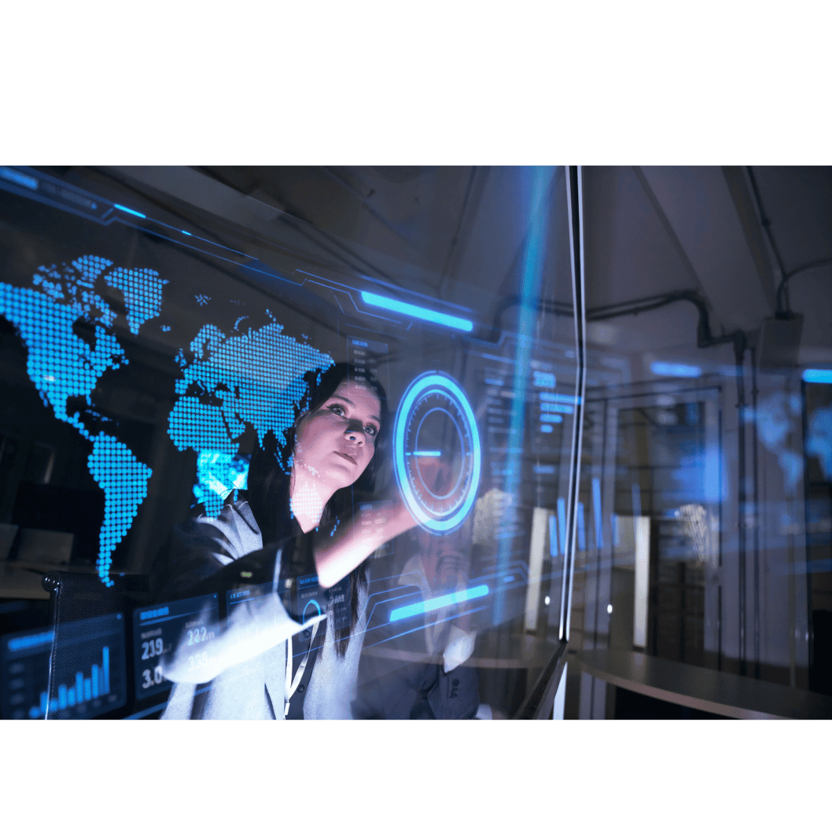 Female professional exploring technology on a clear screen